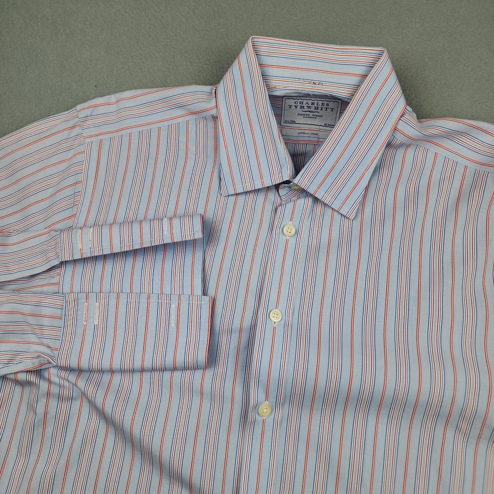 Charles Tyrwhitt Shirt Mens 16.5 33 Blue Stripe Slim Fit Cotton Dress Button Up